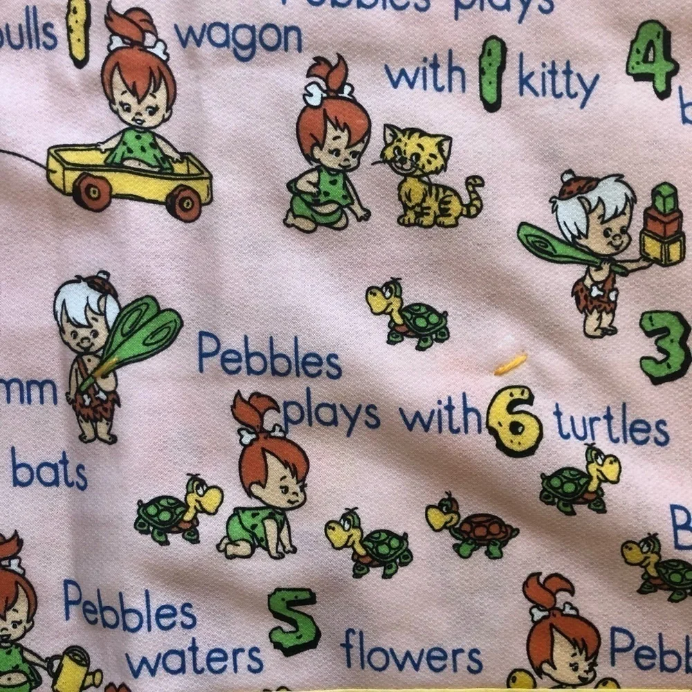 VTG Handmade Baby Crib Quilt Colorblock Patchwork M Pebbles Bam Bam Print 52X46”